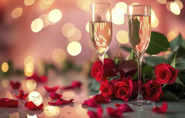 Flowers, lights, table, holiday, wine, roses, bouquet, petals