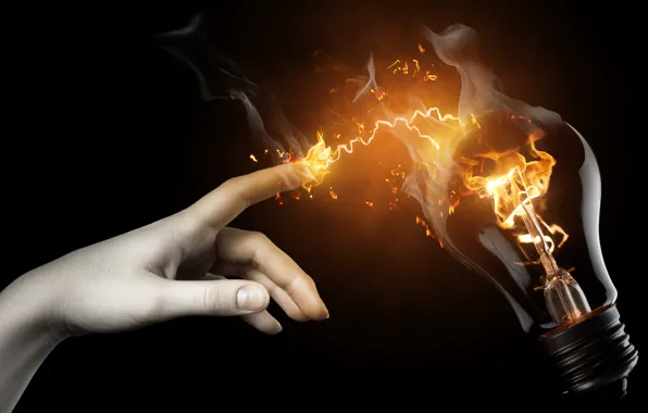 Light bulb, fire, Hand