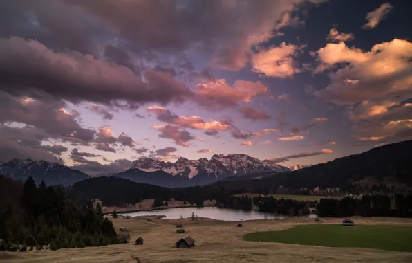 Picture forest, clouds, mountains, the evening, Alps, house, Alpine village