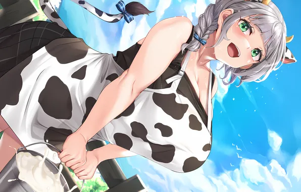 Girl, cleavage, horns, sky, green eyes, boobs, animal ears, anime