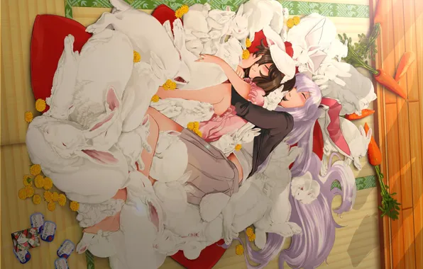Sleep, pillow, carrot, hugs, bed, two, ears, on the floor