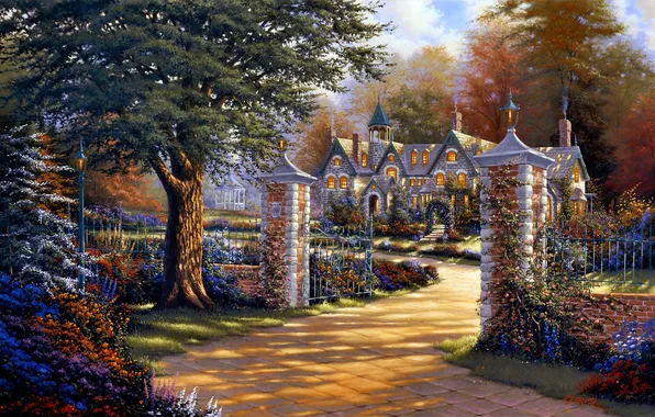 Flowers, house, tree, the fence, gate, art, Derk Hansen