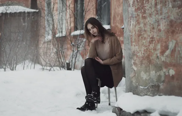 Picture winter, girl, reverie, pose, mood, model, portrait, brown hair