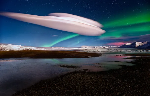 The sky, stars, snow, mountains, nature, river, Northern lights, cloud