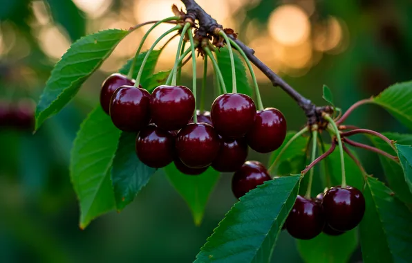 Leaves, branch, bunch, leaves, bokeh, cherry, branch, cherries