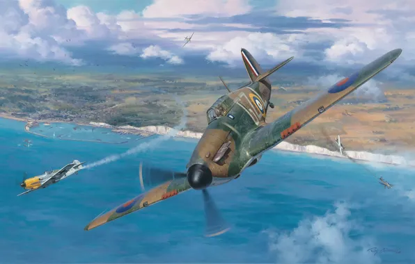 Picture war, aviation, Hawker Hurricane, ww2, battle of britain, painting art, Junkers Ju 87, Messerschmitt Bf …