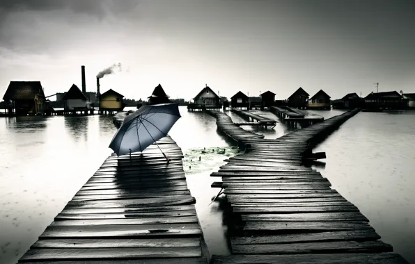 Lake, rain, home, umbrella, Hungary, Bokod