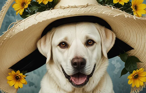 Language, white, look, leaves, flowers, pose, portrait, dog