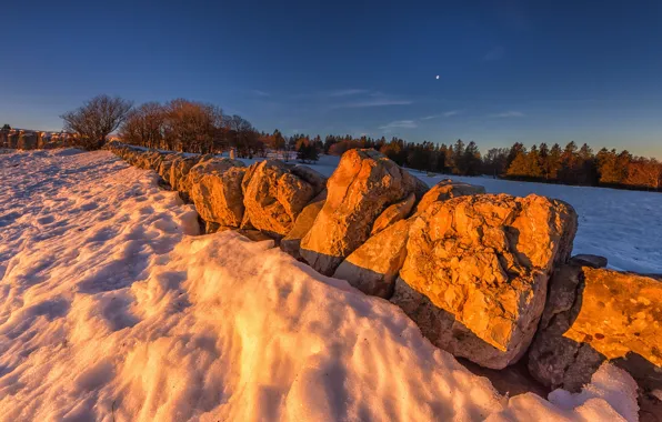 Winter, field, forest, light, snow, stones, the evening, boulders