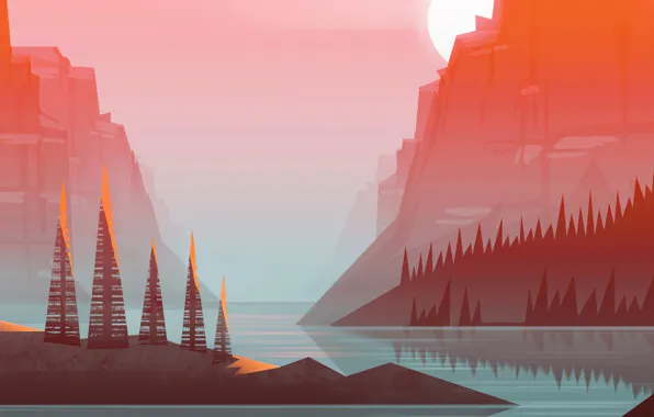 The sun, Minimalism, Mountains, Lake, River, Style, Landscape, Art