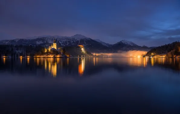 Light, night, lights, lake, the evening, Slovenia, Lake bled
