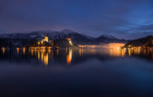 Light, night, lights, lake, the evening, Slovenia, lake bled