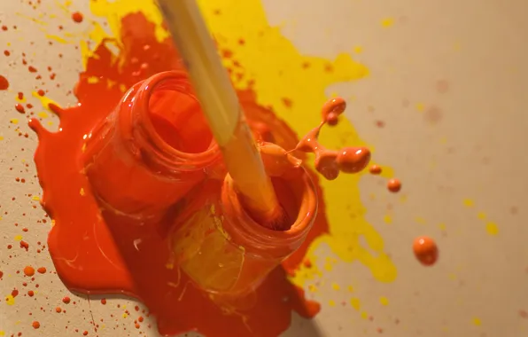 Squirt, orange, yellow, paint, color, jars, brush, bright
