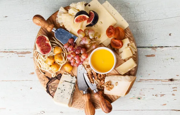 Cheese, grapes, Board, nuts, figs