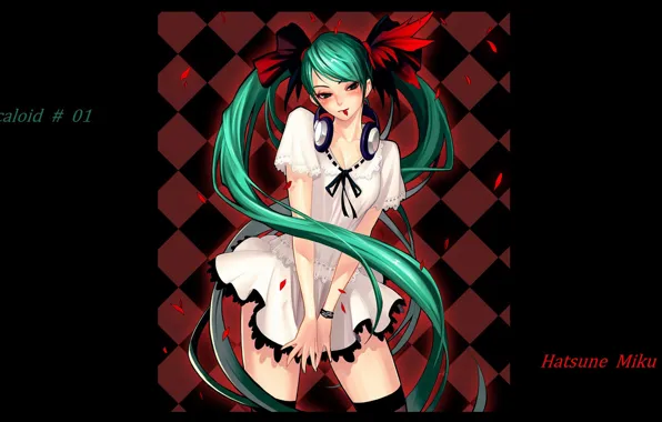 Headphones, black background, vocaloid, Hatsune Miku, white dress, long hair, Vocaloid, rose petals