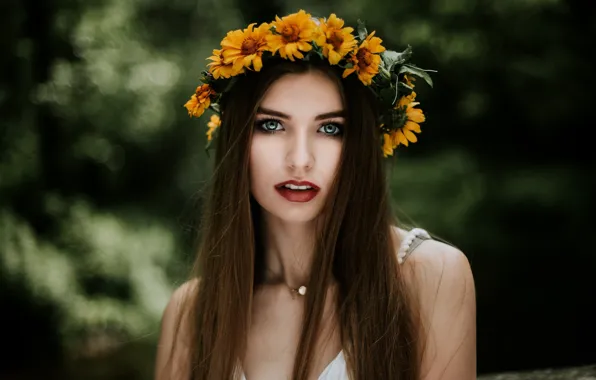 Picture greens, look, flowers, background, portrait, makeup, hairstyle, brown hair