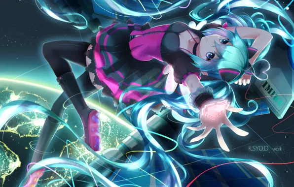 Girl, lights, earth, planet, anime, art, wire, vocaloid