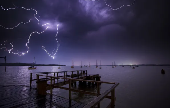 Picture the storm, landscape, night, lake, boats