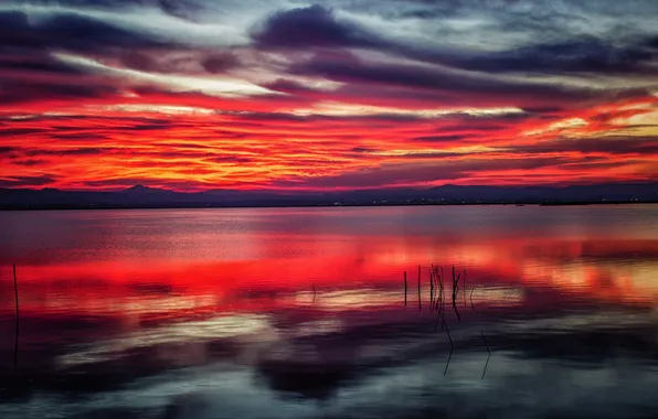 Picture clouds, sunset, mountains, lake, reflection, mirror, the shore of the lake
