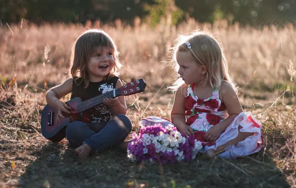 Children, mood, guitar, boy, girl