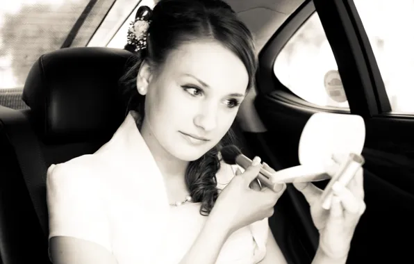 Girl, makeup, brunette, black and white, in the car