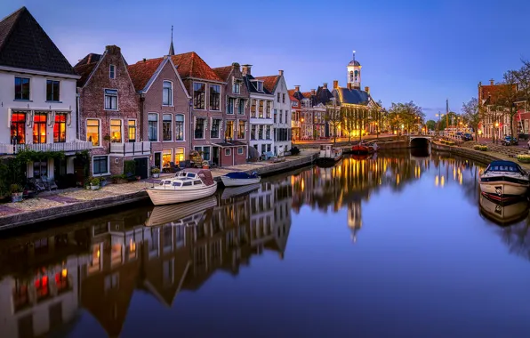 Reflection, building, home, boats, pier, channel, Netherlands, promenade