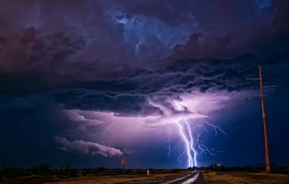 Picture road, the sky, light, night, clouds, zipper, the evening