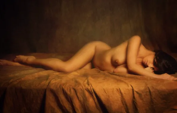 Erotic, chest, girl, pose, the dark background, feet, model, naked