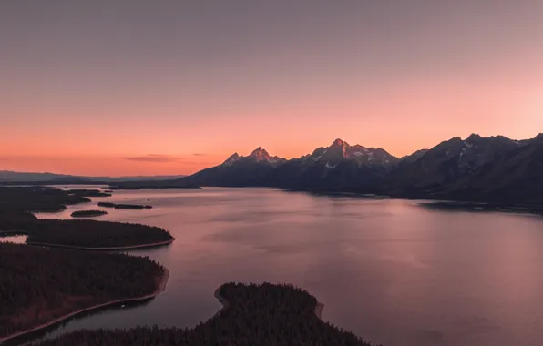 Islands, trees, sunset, mountains, lake, snow in the mountain