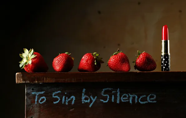 Picture the inscription, lipstick, strawberry