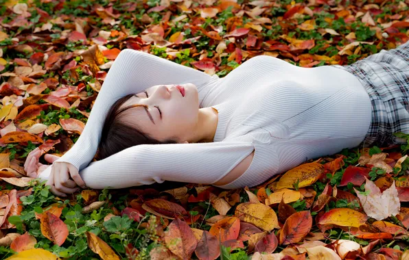 Autumn, leaves, pose, model, skirt, hands, makeup, figure