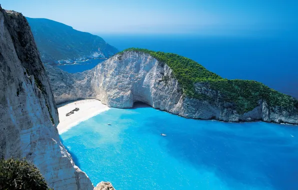 Picture sea, greens, beach, rock, blue, Paradise, yachts, horizon