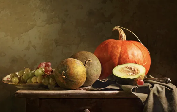 Plate, grapes, pumpkin, fabric, pumpkin, table, still life, chest