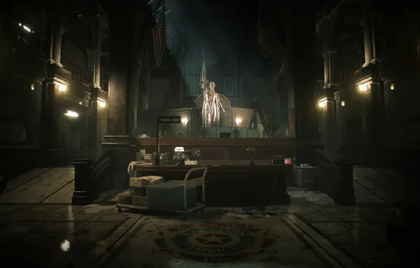 Table, statue, lamps, police station, Resident Evil 2 Remake