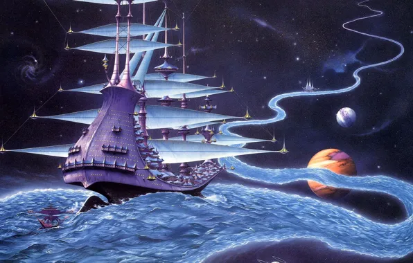 River, planet, ship, stars, worlds, Rodney Matthews, journey, The Ether Stream