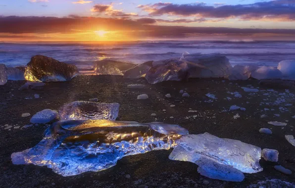 Picture sea, beach, the sun, light, ice, North