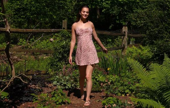 Smile, positive, dress, legs, the beds, in the country, standing, cute girl