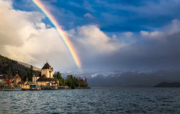 Clouds, castle, rainbow, pond
