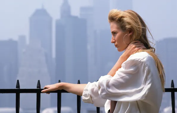 New York, skyscrapers, blonde, profile