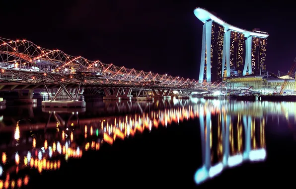 Water, night, the city, lights, reflection, the hotel, Singapore