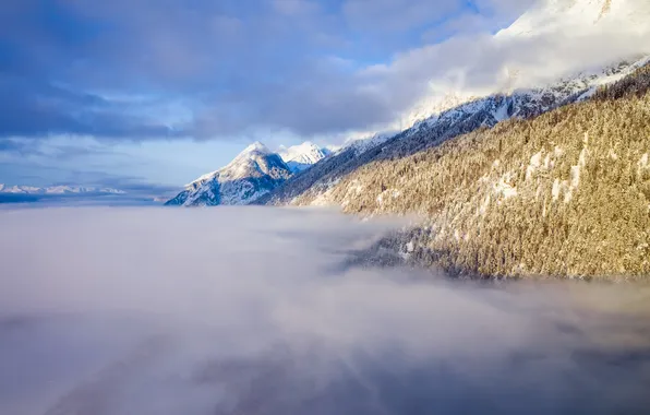 Picture the sky, mountains, fog