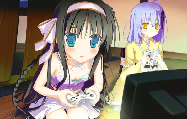 Joystick, blue eyes, in the room, bangs, visual novel, gambling, two girls, irotoridori from sekai