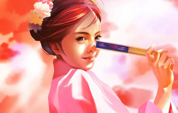 Picture face, Japanese, hands, fan, hairstyle, girl, kimono, pink background