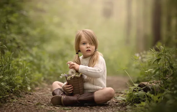 Boots, girl, flowers, sweater, tails, bucket