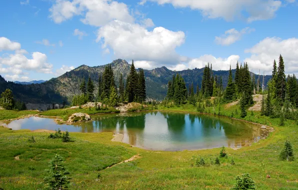 The sky, grass, clouds, trees, mountains, lake