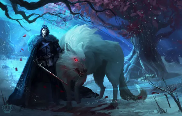 Tree, wolf, art, male, Ghost, Ghost, Game Of Thrones, Game of Thrones
