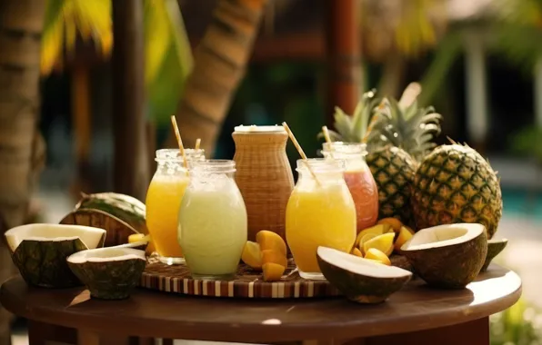 Light, tropics, palm trees, table, juice, banks, fruit, pineapple