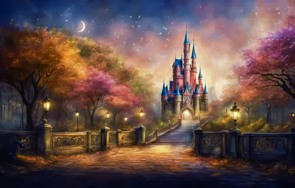 Night, castle, a month, fantasy, AI art, neural network