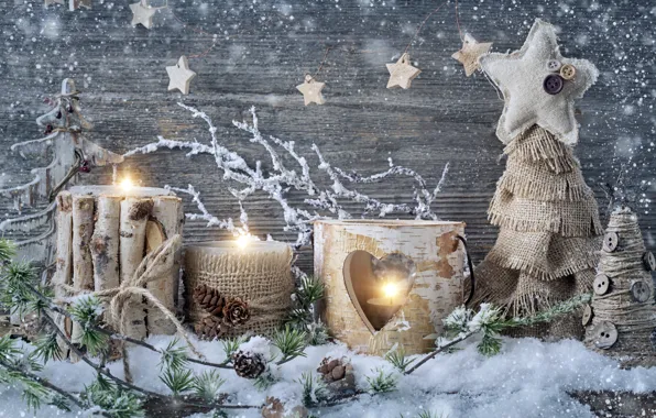 Snow, decoration, candles, New Year, Christmas, Christmas, vintage, New Year