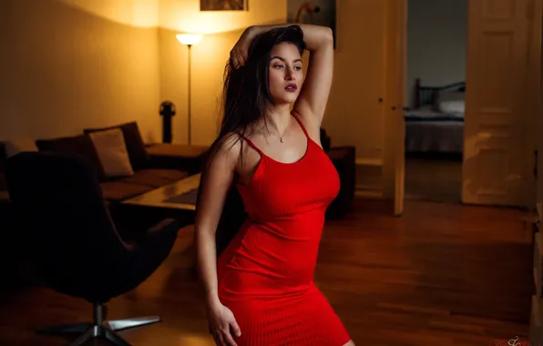 Sexy, room, model, makeup, figure, dress, brunette, hairstyle